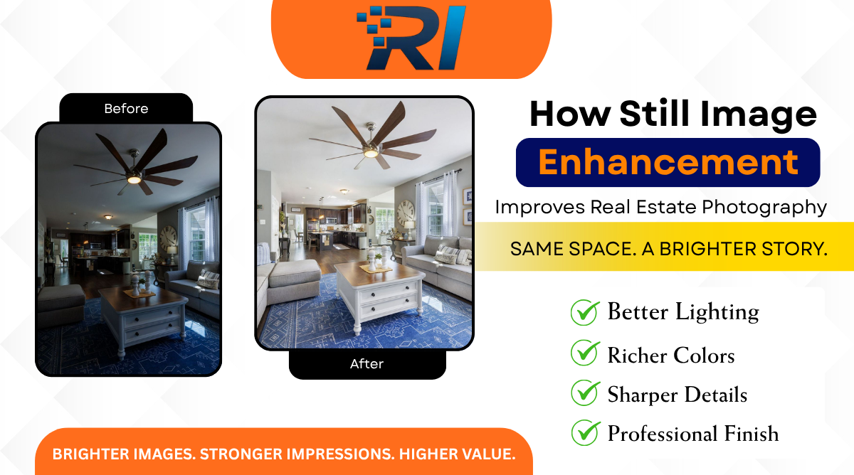 Before and after comparison showing how still image enhancement improves real estate photography