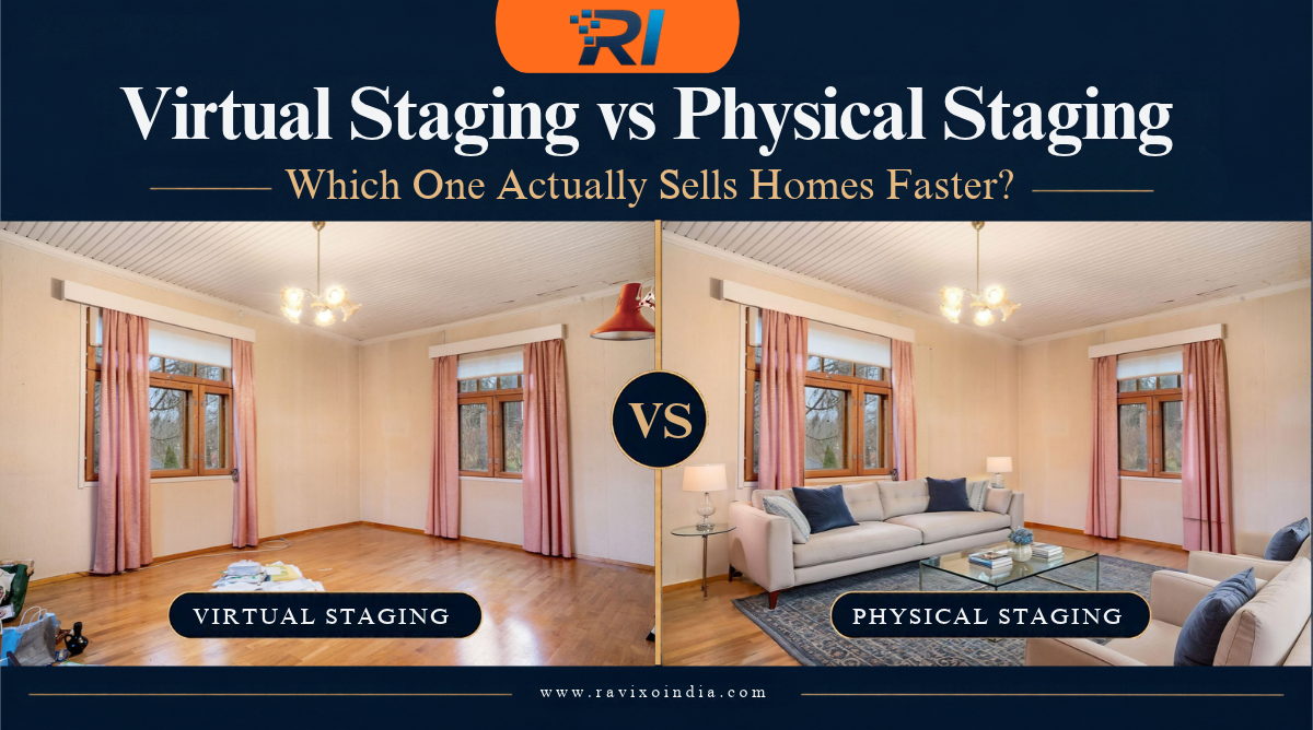 Virtual staging vs physical staging comparison infographic